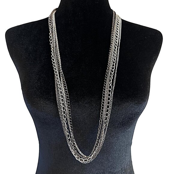 Multi Strand Chain Necklace Long Length Black Gray Silver Tone Adjustable Length - Picture 1 of 3